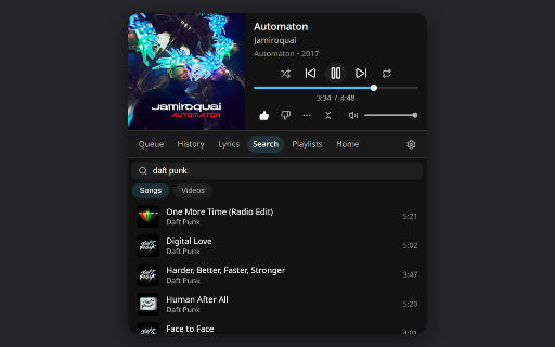 Companion for YouTube Music :: Control YouTube Music from a toolbar popup: playback, queue, recommendations, history, search, playlists and synced lyrics.