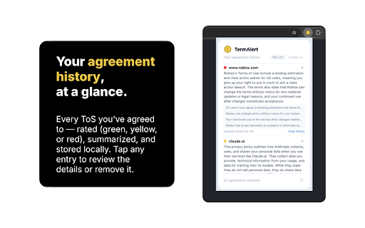 TermAlert :: Intercepts agree buttons, analyzes Terms of Service using AI, and gives you a plain-English verdict — before your click registers.