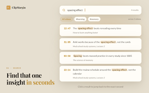 ClipMargin: Take notes on any video :: Take notes on any video, course, or lecture. Search across everything you've watched. Export to Markdown, anywhere.
