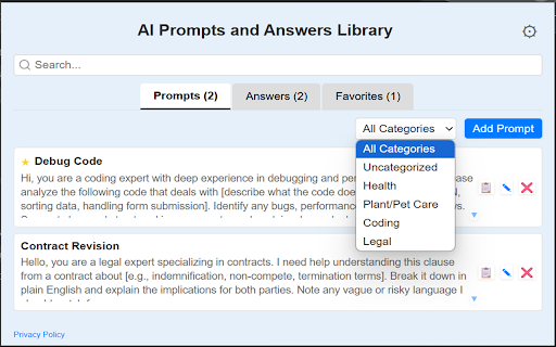 AI Prompts and Answers Library :: Save AI Prompts and Answers by right-clicking text in AI tools or the extension. Reuse them anywhere with a right-click.