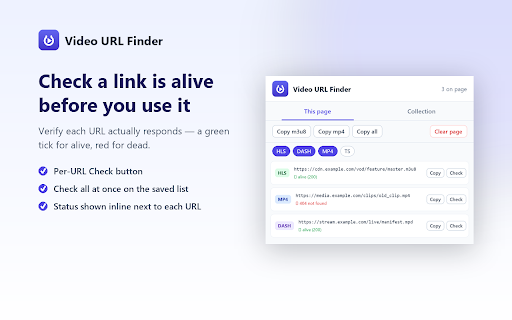 Video URL Finder :: Detects HLS, DASH and MP4 video stream URLs a page loads, so you can copy them to test your own player or ingest pipeline.