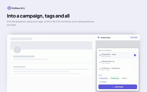 Outboundry: B2B Email & Lead Finder :: Find verified work emails while you browse, then add leads to Outboundry campaigns — without leaving the page.