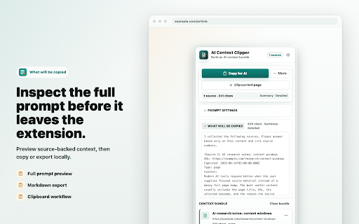 AI Context Clipper :: Clip web pages and selected text into clean, source-backed AI prompt context.