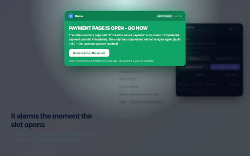 Kairos — CIMEA Payment Slot Alert :: CIMEA payment slot alert. Watches your Diplome request and alarms the second a slot opens. Never enters card details, never pays.