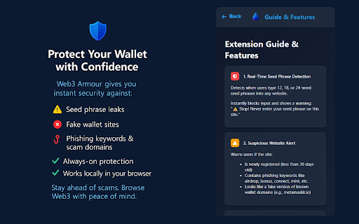 Web3 Armour :: Web3 Armour defends your crypto wallet from phishing attempts and protects seed phrases from leaks.