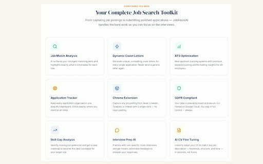 JobAssistAI – AI Job Search & Cover Letter :: AI job search for UK job boards. Auto-generates cover letters, CV optimizer, ATS match score on Reed,LinkedIn,Indeed & 11 more sites