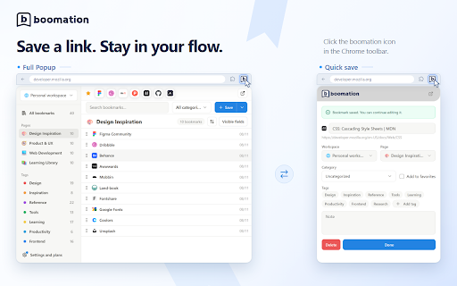 boomation - Bookmark Manager & Google Drive Sync :: Organize bookmarks, save open tabs, and manage workspaces. Keep data on your device or sync with your own Google Drive.