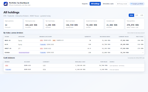 Portfolio Tax Dashboard (Standalone) :: Imports downloaded broker reports and computes Romanian portfolio taxes entirely in the browser.