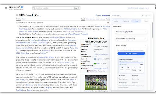 SourceScope — Wikipedia Research Assistant :: Turn Wikipedia into a research workflow. Check citations, find stronger sources, recover archives, and export Source Packs.