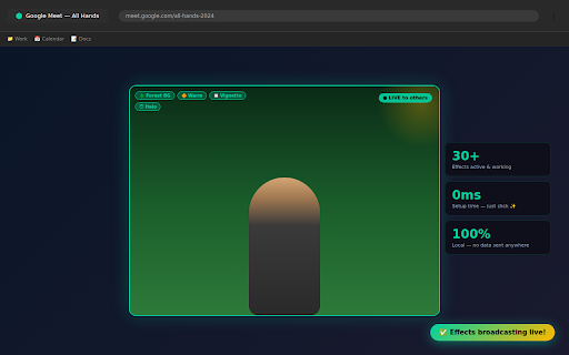 Google Meet Helper™ :: Virtual backgrounds with AI segmentation, face filters, 30+ effects & zero data collection.