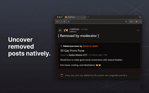 Unhider for Reddit :: Seamlessly explore hidden user profiles, read deleted comments, and view removed posts natively within the interface on Reddit.com.