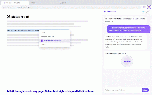 MIND – AI wellbeing companion :: Free AI wellbeing companion beside any page: talk it through, breathe, track your mood. Calm for stressful moments.