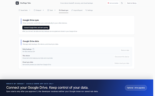 OnePage Tabs - Tab Manager :: A tab manager and upgraded alternative to OneTab, with automatic Google Drive sync.