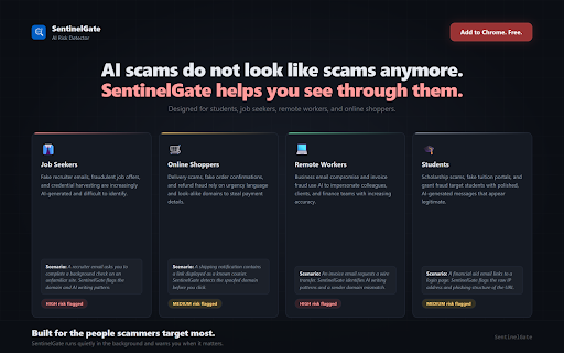 SentinelGate – AI Scam & Phishing Detector :: Detect AI-generated scams, phishing links, and impersonation in real time. Protect yourself from advanced online fraud.