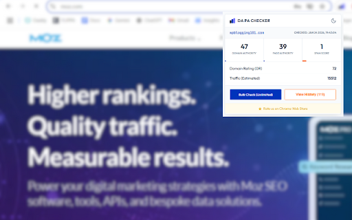 DA PA Checker :: Check Domain Authority, Page Authority, Spam Score & Domain Rating with history tracking using FREE DA PA Checker SEO toolbar.