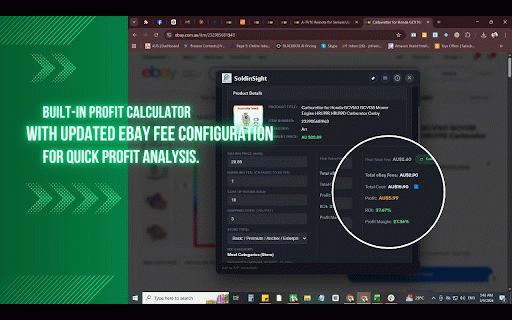 SoldinSight :: View eBay sold history and calculate net profit after region-specific fees, shipping, and costs. Covers US, UK, DE, AU, CA and FR.