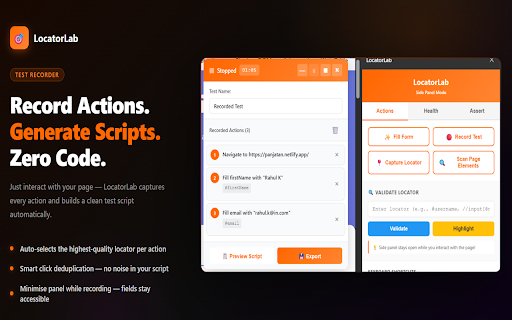 LocatorLab :: Complete test automation toolkit - Smart form fill, locator capture with health monitoring, and test recorder with script generation