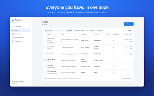 Mailplate: Mail Merge for Gmail :: Send one personalised email to a list, from your own Gmail. No account and no server: your list never leaves your browser.