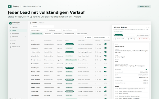 Relvo – LinkedIn Outreach CRM :: Tracke deinen LinkedIn Outreach strukturiert. Status, Follow-Ups und KPIs – direkt auf jedem LinkedIn-Profil.