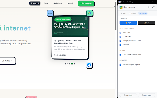 Unified Pixel Inspector :: Detect and debug tracking pixels/tags across Meta, TikTok, Google/GTM, and Zalo on any website