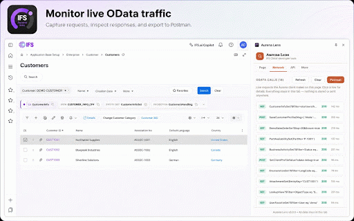 Aurena Lens — IFS Cloud Developer Tools :: Developer tools for IFS Cloud — SQL columns, LU/entity info, field inspector, query builder, API explorer and more.