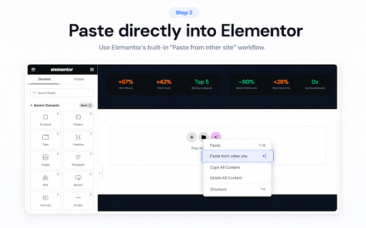 HTML to Elementor – Web Page Converter :: Capture web page sections and convert HTML into Elementor-ready widgets you can paste into Elementor.