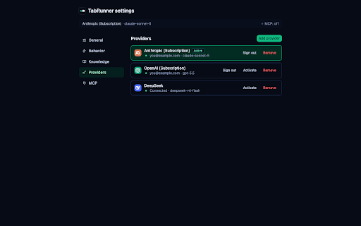 TabRunner :: Provider-agnostic browser agent