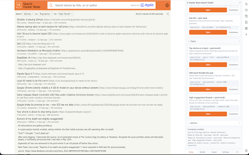 Hacker News Search Toolkit (Unofficial) :: Unofficial. Compose Hacker News (Algolia) search URLs with points, comments, author, and date filters.