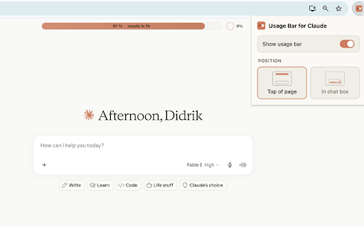 Usage Bar for Claude :: See your Claude plan usage, context window and prompt-cache countdown on claude.ai — as a top bar or inside the chat box.