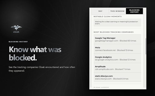 cloak :: Chrome privacy extension: block selected trackers, clean tracking links, reduce fingerprinting, and protect shopping sessions.