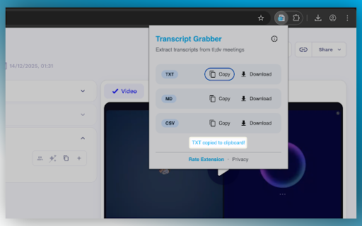 tl;dv Transcript Grabber :: Extract and copy transcripts from tl;dv meeting recordings.