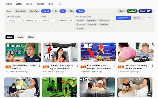 Outlier Finder by moreoften.io :: Find viral videos before they trend. Outlier scores auto-load on every YouTube page.