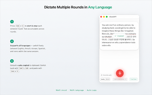 Micly - Voice Dictation & Audio Transcription :: Voice dictation + audio file transcription via ChatGPT. Speak or upload, auto-copy to clipboard, paste anywhere.