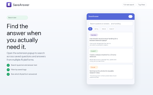 SaveAnswer - Save AI Answers :: Save useful AI answers with one click, then organize them with tags and full-text search in your browser.