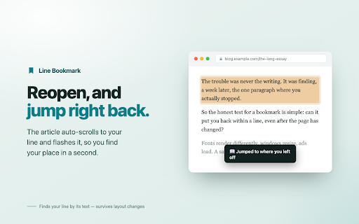 Line Bookmark – Save Reading Position & Resume Where You Left Off :: Save scroll position on any website: click the line where you stopped reading, then jump back to your exact spot later. No account.