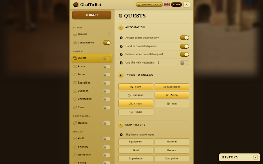 GladToBot — Gladiatus Bot :: Smart bot for Gladiatus: quests, expeditions, dungeons, arena, food combine, auction, and 24/7 human-like automation.