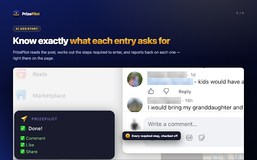 PrizePilot — Competition & Giveaway Autofill :: Find live competitions and giveaways, auto-fill entry forms, and get AI help completing every entry step. Comping, fast.