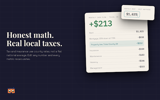 Mortar: Real Estate Deal Analyzer :: Open a listing on Zillow, Redfin, Realtor.com, or Homes.com. Mortar reads the numbers, tells you if the deal is worth it.