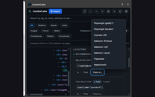 LocatorLens :: Inspect any element and generate stable XPath, CSS & Playwright/Cypress/Selenium locators. Build Page Object Models instantly.