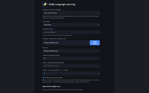 Eddly Language Learning :: Replace page words with AI target-language picks. Grammar tips in Chrome tooltips or side panel.