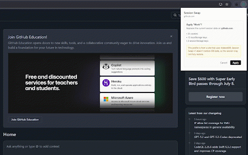 Session Swap :: Save and switch named cookie + localStorage profiles per site. 100% local, no accounts.