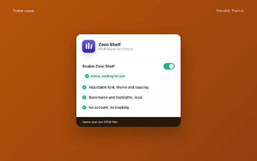 Zovo Shelf - EPUB Reader for Chrome :: Read your EPUBs in your browser. Shelf keeps your library, places and highlights on this device. No account, no tracking.