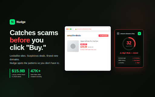 Nudge - Internet Protection :: AI-powered trust scores on every website. Scam detection, deepfake alerts, fact-checking, and safe alternatives — instantly.