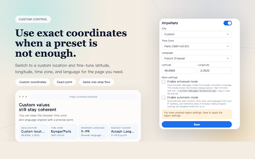 Anywhere :: Spoof location, time zone, and language together so sites see one consistent regional identity.