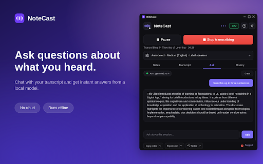 NoteCast — AI tab-audio note-taker :: Capture a browser tab's audio, transcribe it locally with Whisper, and generate structured notes with a local Ollama model.