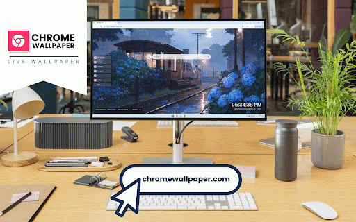 Blue Rainy Season Live Wallpaper :: Wooden bus stop glows warmly as rain creates reflections amid blooming hydrangeas.