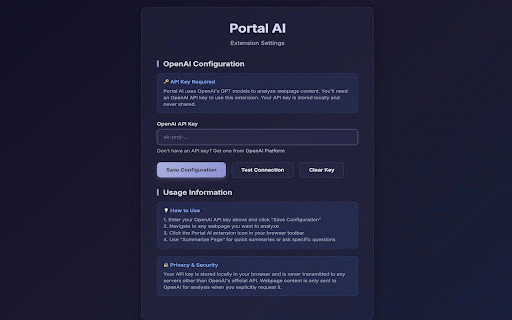 Portal AI :: Analyze any webpage with AI. Summarize or ask questions instantly using your own OpenAI API key.