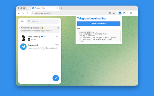 Telegram Unsubscriber :: The extension helps to clean up Telegram subscriptions and leave unwanted channels in few clicks