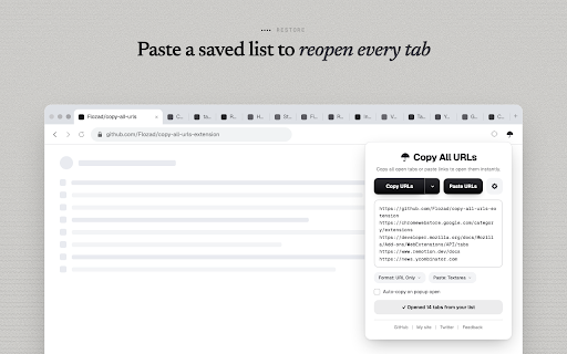 Umbrella - Copy All URLs :: Save and restore browser tabs instantly. Copy URLs in multiple formats, paste to reopen tabs.