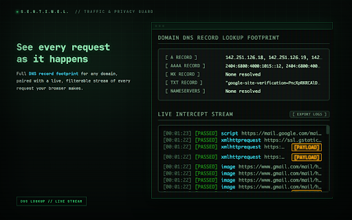 Sentinel — Traffic & Privacy Guard :: Privacy guard & live traffic monitor. Blocks trackers, fingerprinters & phishing. Spoofs APIs. Full audit dashboard.